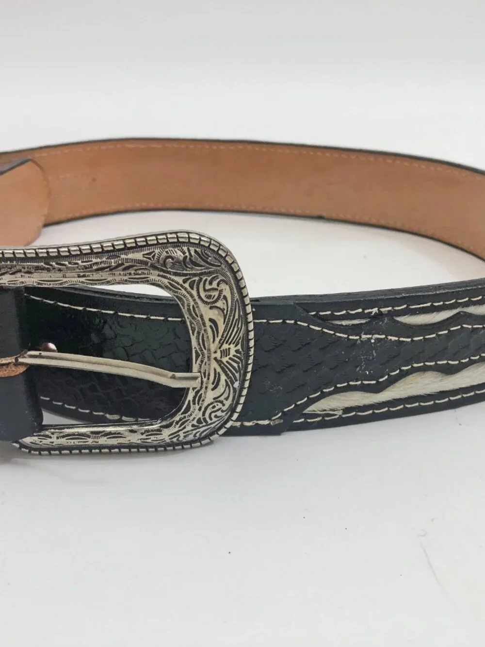 Leather Men's Women's Western Belt with Silvertone Buckle & Silvertone Accents